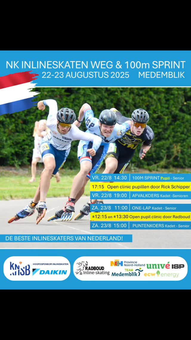 ๐ฅ NK Inline-skaten ๐ฅ
๐ 22-23 Augustus ๐
๐Medemblik
Kom jij de#RADBOUDBIKKELS aanmoedigen op de Nederlands Kampioenschappen Inline-skaten Weg en 100m!?! ๐
De beste rijders van Nederland komen samen voor topwedstrijden op de skeelerbaan in Medemblik.
#inlineskating #skeeleren #TeamMedemblik #daikinnkinlineskaten
