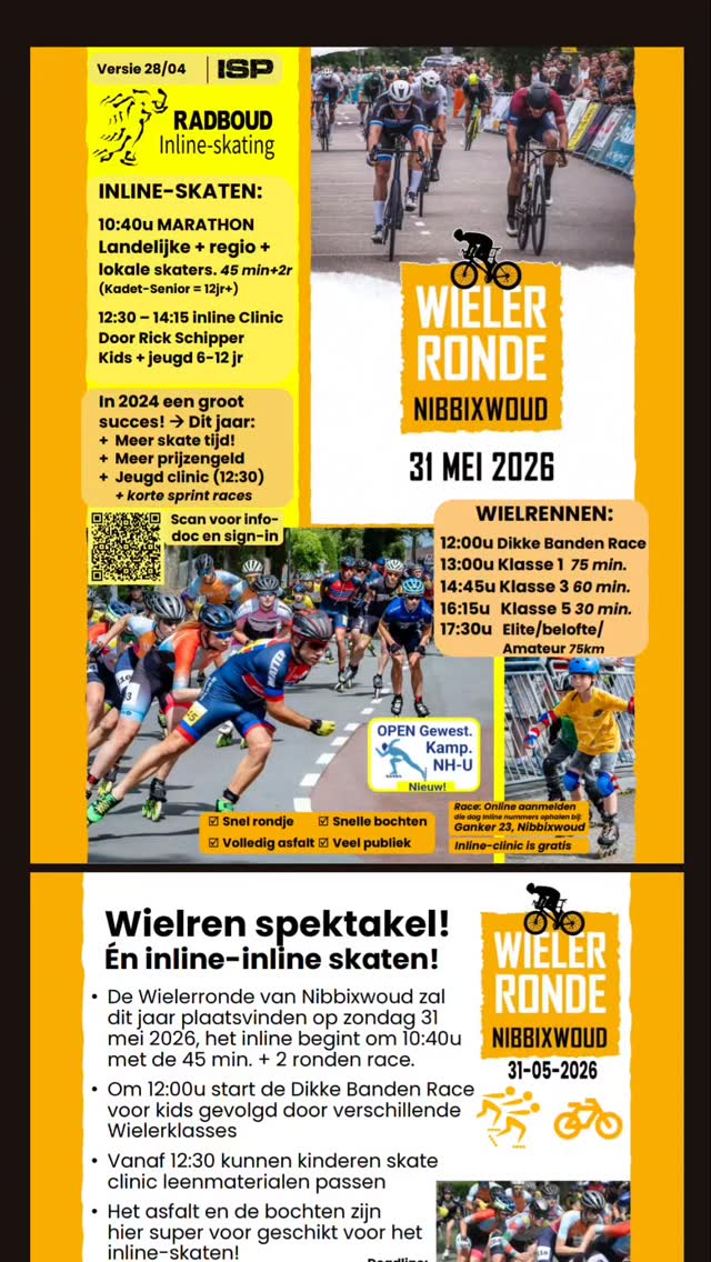 Inline Nibbixwoud Marathon 💛🖤

📌 Zondag 31 mei, 10:30uur.
Tevens Open Gewestelijk Kampioenschap voor Noord-Holland - Utrecht 🔥

Alle niveaus, 45minuten + 2 ronden🔥

- Top rondje
- Volledig asfalt
- Snelle bochten
- Veel publiek

Meld je nu aan voor deze prachtige inline marathon
🔗 📝

Voor de kids is een inline clinic kort na de Dikke Banden Race vanaf ±12:45u 😁 

#inlineskating #skeeleren speedskating #RADBOUDBIKKELS
